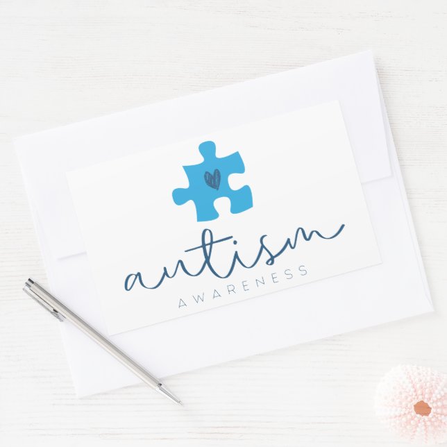 Pegatina Rectangular autism awareness blue puzzle piece heart  (Sobre)