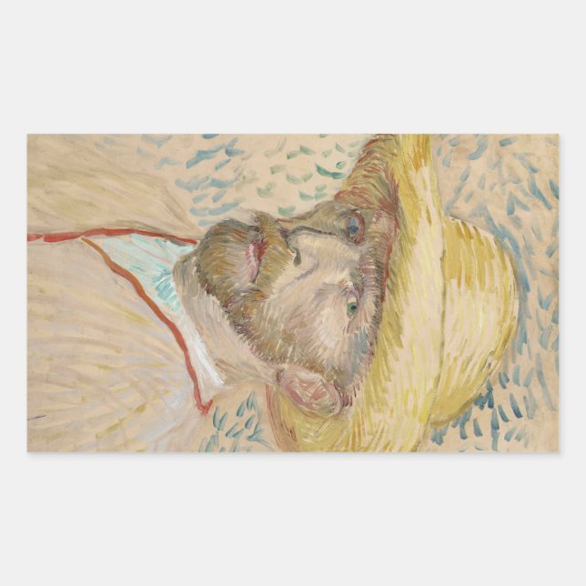 Pegatina Rectangular Autoretrato de Van Gogh con gorra de paja (Anverso)