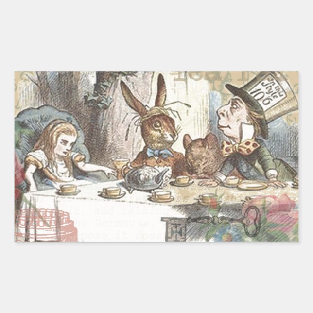 Pegatina Rectangular Aventuras de Alicia País de las Maravillas Fiesta  (Anverso)