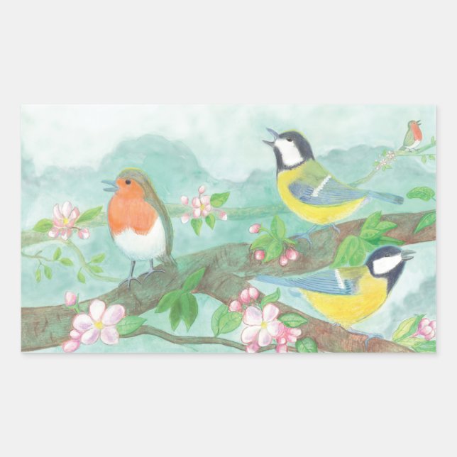 Pegatina Rectangular Aves cantando en una rama de árbol floreciente (Anverso)