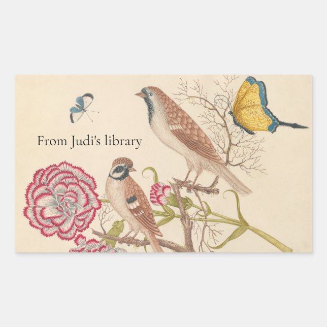 Pegatina Rectangular Aves marrones con claveles y mariposas (Anverso)