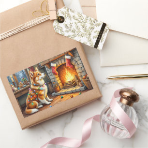 Pegatina Rectangular Azawakh Sentado junto a Chimenea con Luces de Navi