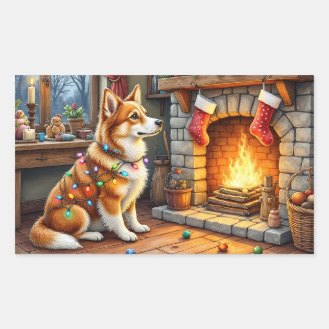 Pegatina Rectangular Azawakh Sitting by Fireplace with Christmas Lights (Anverso)