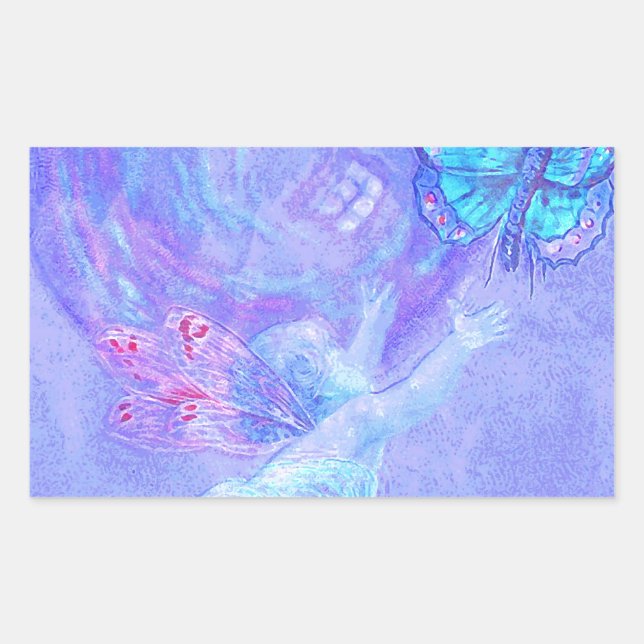 Pegatina Rectangular Azul - Cherub persiguiendo mariposas (Anverso)