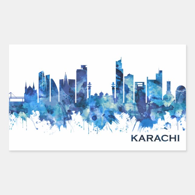Pegatina Rectangular Azul de Karachi Skyline Pakistán (Anverso)