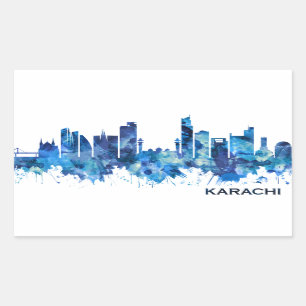 Pegatina Rectangular Azul de Karachi Skyline Pakistán