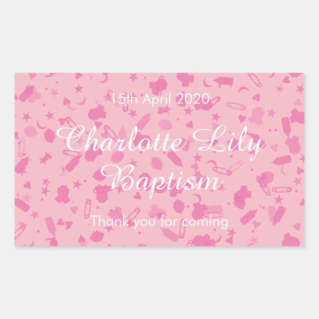 Pegatina Rectangular Baby Pink Confetti Baptism Christening Favor (Anverso)