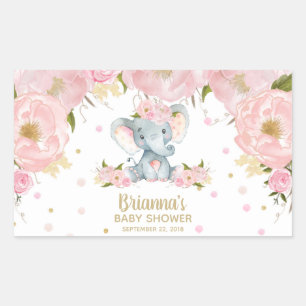 Pegatina Rectangular Baby Shower rosa floral cute elefante