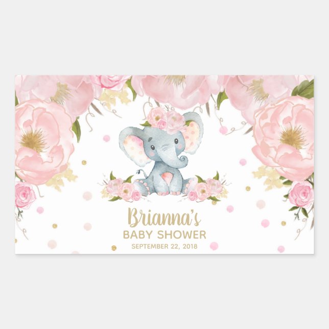 Pegatina Rectangular Baby Shower rosa floral cute elefante (Anverso)