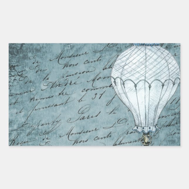 Pegatina Rectangular Balón de aire caliente azul oscuro Steampunk Handw (Anverso)