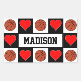Pegatina Rectangular Baloncesto y corazón Personalizado jugador nombre 