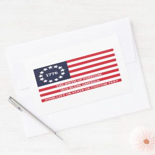 Pegatina Rectangular Bandera 1776 Texto opcional estadounidense Betsy R