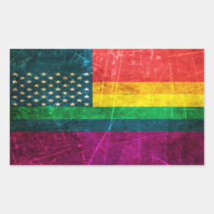 Pegatina Rectangular Bandera americana rasguñada del arco iris del