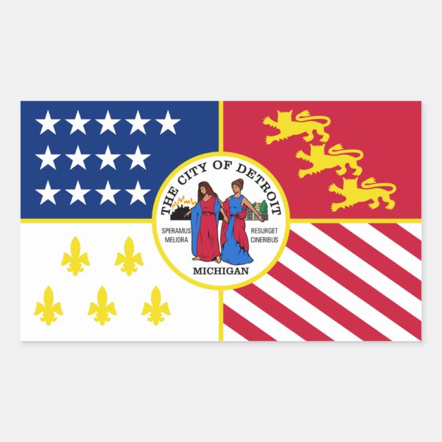 Pegatina Rectangular Bandera de Detroit de CUATRO (Anverso)