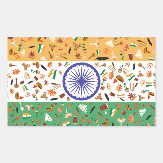 Pegatina Rectangular Bandera de la India con objetos culturales (Anverso)