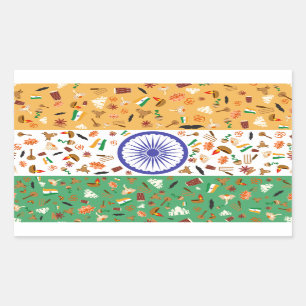 Pegatina Rectangular Bandera de la India con objetos culturales