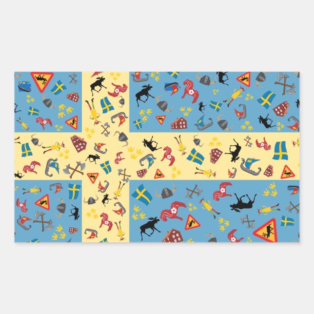 Pegatina Rectangular Bandera de Suecia con iconos de la cultura pegatin (Anverso)