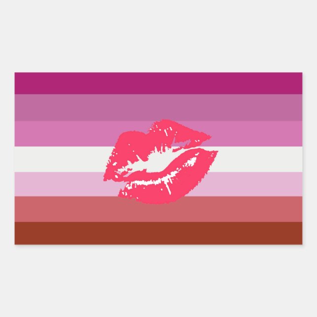 Pegatina Rectangular Bandera del Orgullo Lésbico con lápiz labial (Anverso)