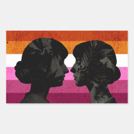 Pegatina Rectangular Bandera lesbiana con dos siluetas femeninas