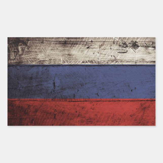 Pegatina Rectangular Bandera rusa en grano de vieja madera (Anverso)
