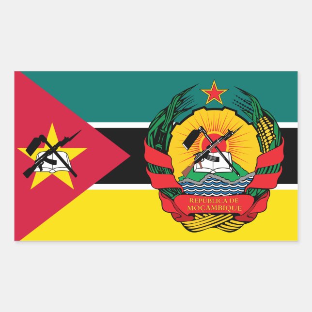 Pegatina Rectangular Bandera y emblema mozambiqueños, bandera de Mozamb (Anverso)