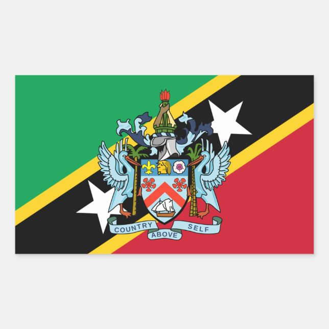 Pegatina Rectangular Bandera y escudo de armas de Saint Kitts y Nevis (Anverso)