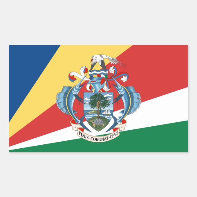 Pegatina Rectangular Bandera y escudo de armas de Seychelles, Seychelle (Anverso)