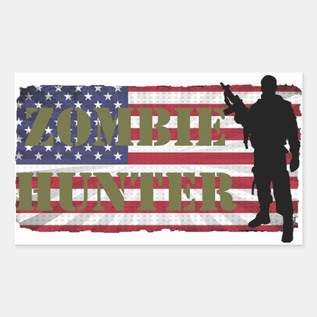 PEGATINA RECTANGULAR BANDERA ZOMBIE HUNTER AMERICANA (Anverso)