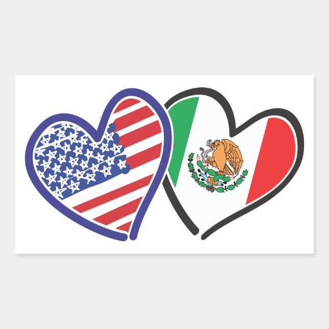 Pegatina Rectangular Banderas del Corazón de Estados Unidos México (Anverso)