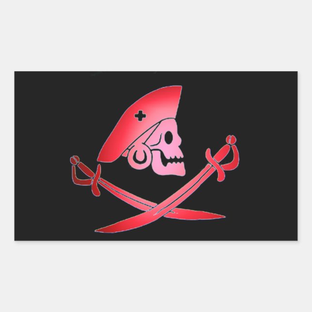 PEGATINA RECTANGULAR BANNER DE PIRATAS NEGRO ROJO CON ESPALDAS, CRUZADA (Anverso)