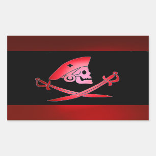 PEGATINA RECTANGULAR BANNER DE PIRATAS NEGRO ROJO CON ESPALDAS, CRUZADA