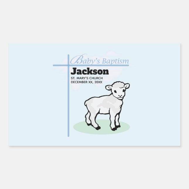 Pegatina Rectangular Baptism Blue Boy Lamb, Personalizable (Anverso)