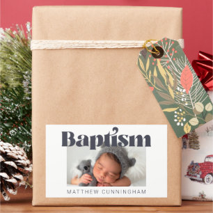Pegatina Rectangular Baptism Modern Bold Simple Foto Gracias