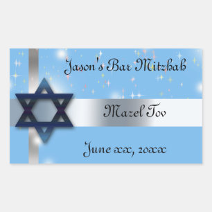 Pegatina Rectangular Bar Mitzvah, estrella de David, azul y plata