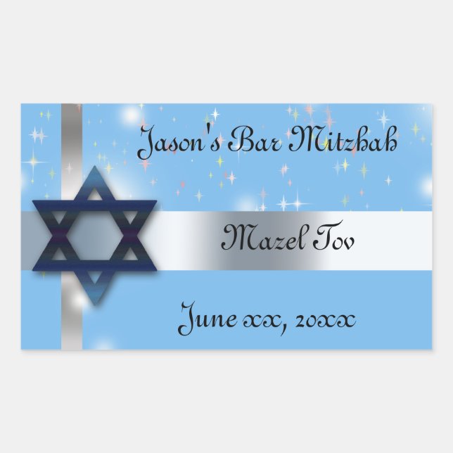 Pegatina Rectangular Bar Mitzvah, estrella de David, azul y plata (Anverso)
