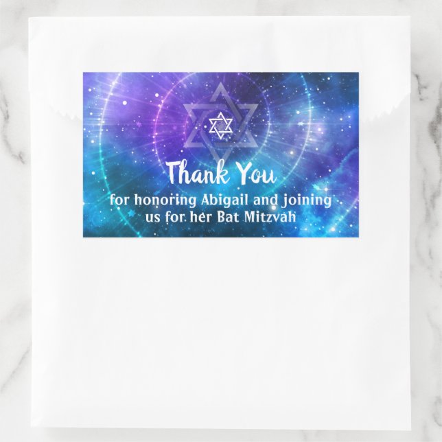 Pegatina Rectangular Bar Mitzvah Gracias Galaxia Morado Azul (Bolso)