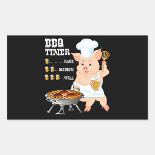 Pegatina Rectangular Barbacoa   BBQ Timer Pig Grill Barbecue Beer Lover