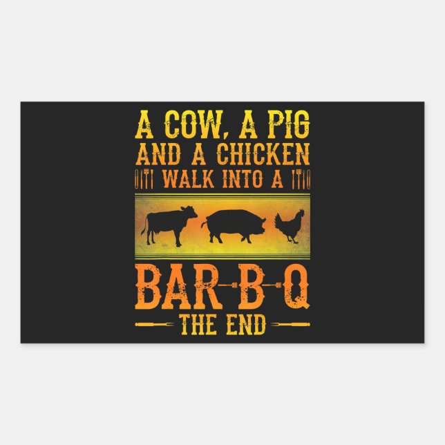 Pegatina Rectangular Barbacoa | Una Vaca, Un Cerdo Y Un Pollo Entrando  (Anverso)