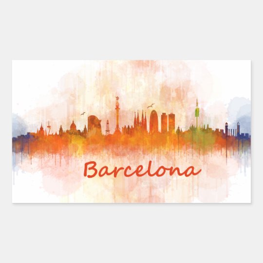Pegatina Rectangular Barcelona Skyline watercolor v04