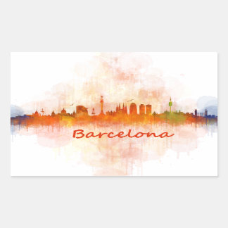Pegatina Rectangular Barcelona Skyline watercolor v04