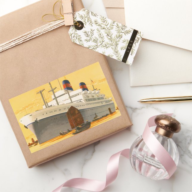 Pegatina Rectangular Barco Crucero Antiguo al Oriente con Barcos Junco (Regalar)