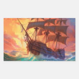 Pegatina Rectangular Barco De Navegación En El Mar De Tormenta