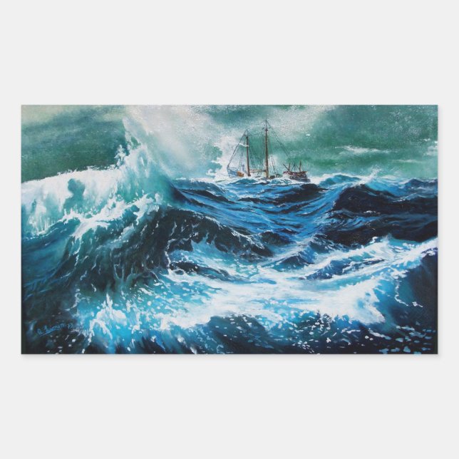 Pegatina Rectangular Barco en el mar en tormenta (Anverso)
