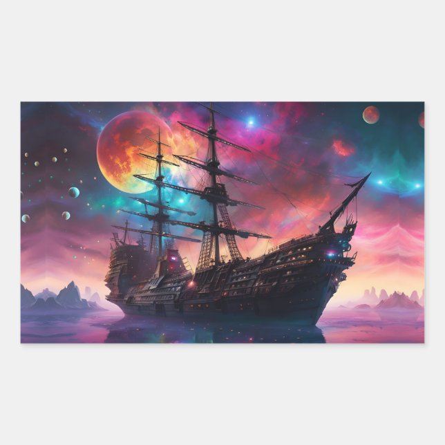 Pegatina Rectangular Barco espacial pirata aterriza en otro planeta (Anverso)
