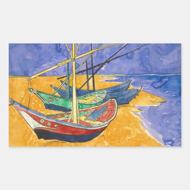 Pegatina Rectangular Barcos de Van Gogh Impresionismo Playa (Anverso)
