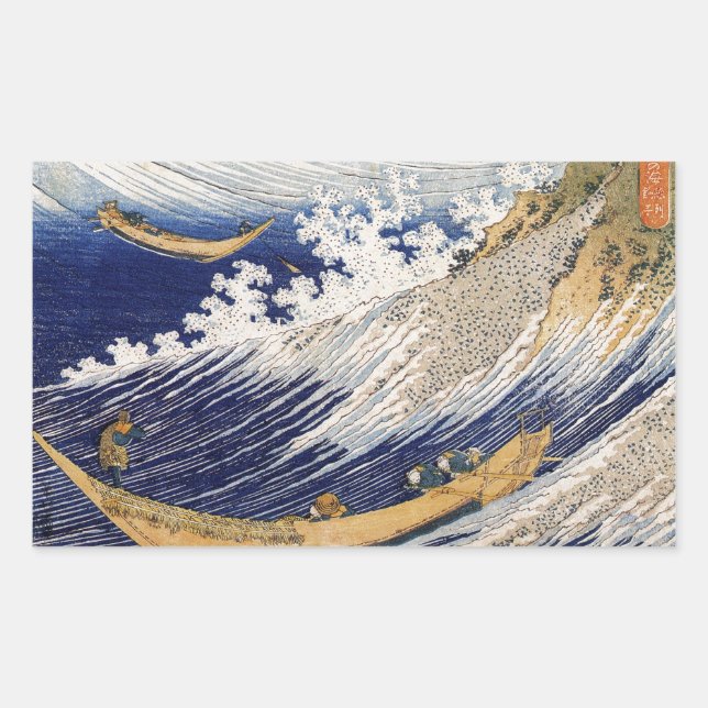 Pegatina Rectangular Barcos marinos de las olas del océano de Hokusai (Anverso)
