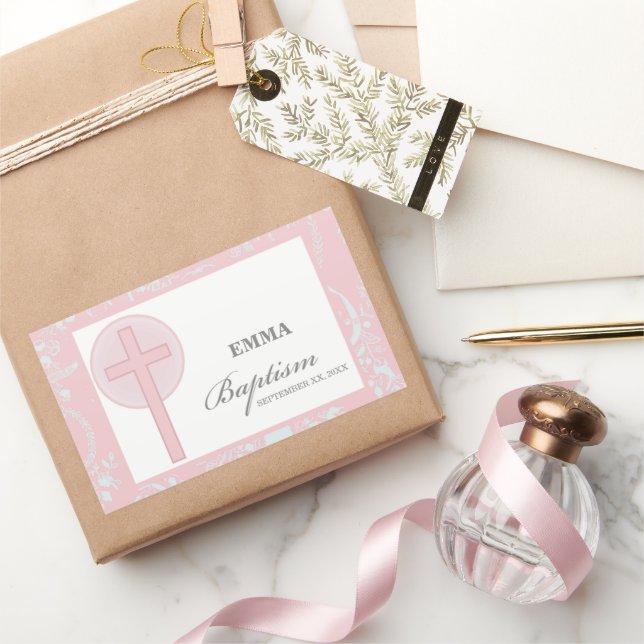 Pegatina Rectangular Bautismo Chica de encaje rosa personalizado (Regalar)