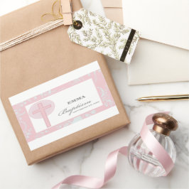 Pegatina Rectangular Bautismo Chica de encaje rosa personalizado