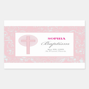 Pegatina Rectangular Bautismo Chica de encaje rosado