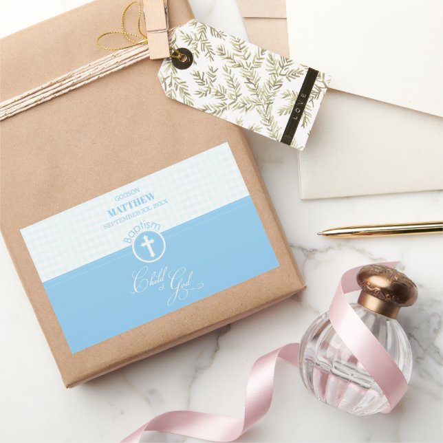 Pegatina Rectangular Bautismo de Godson Hito azul de Dios Personalizado (Regalar)